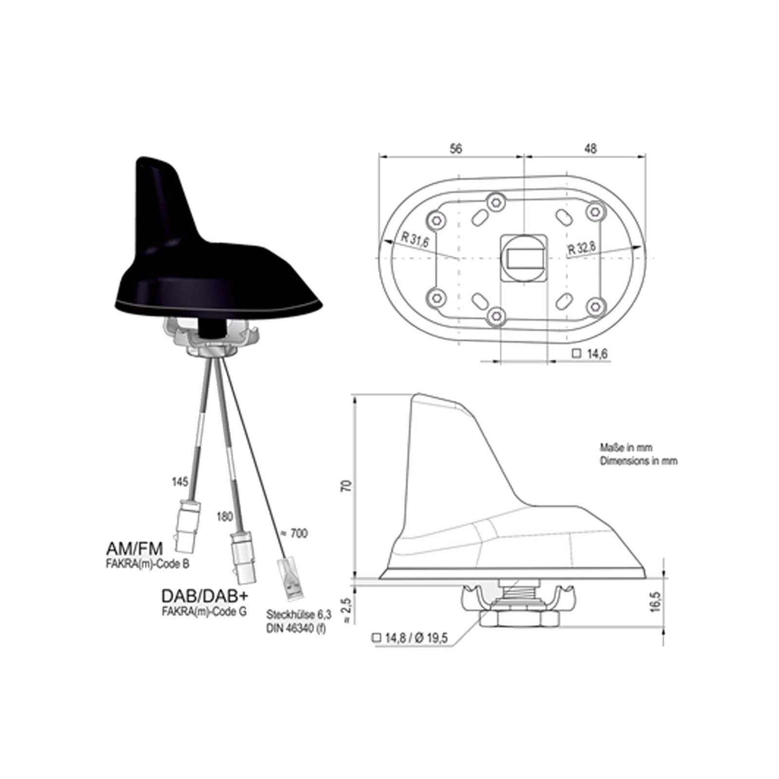 Combi antenne AM/FM / DAB 2x Fakra M (Shark) 0.15m