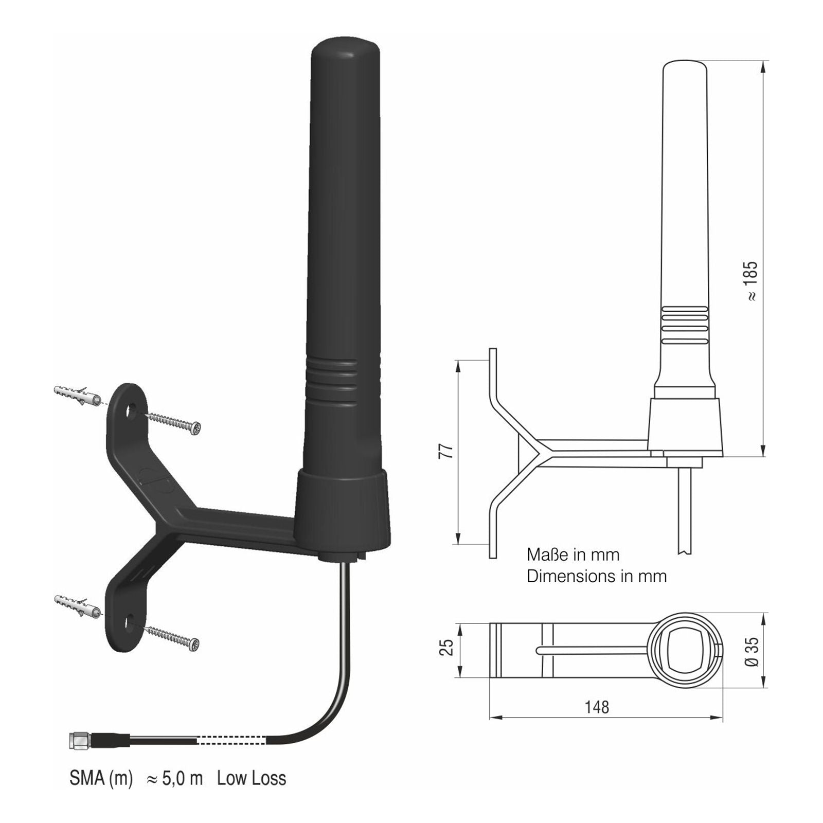 Antenne vast LTE GSM ISM UMTS WLAN SMA M Low Loss 5m