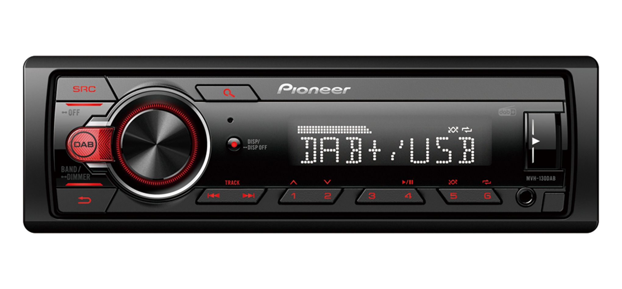 Pioneer MVH-130DAB Receiver 1DIN USB/DAB+ rood