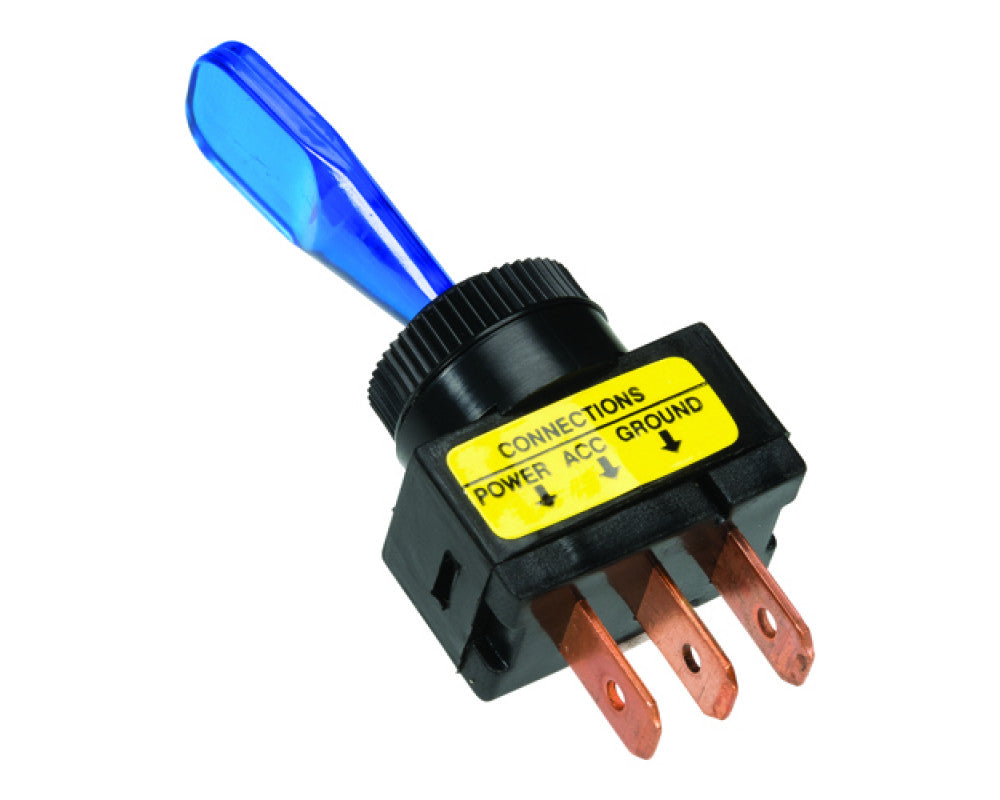 tuimelschakelaar blauw, met gloeilamp aan-uit 12v, 20a 3 tab contacten installatie afmeting ø13 mm