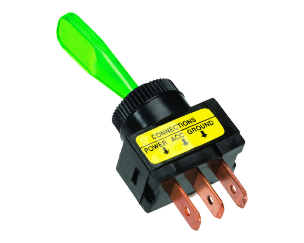 tuimelschakelaar groen, met gloeilamp aan-uit 12v, 20a 3 tab contacten installatie afmeting ø13mm