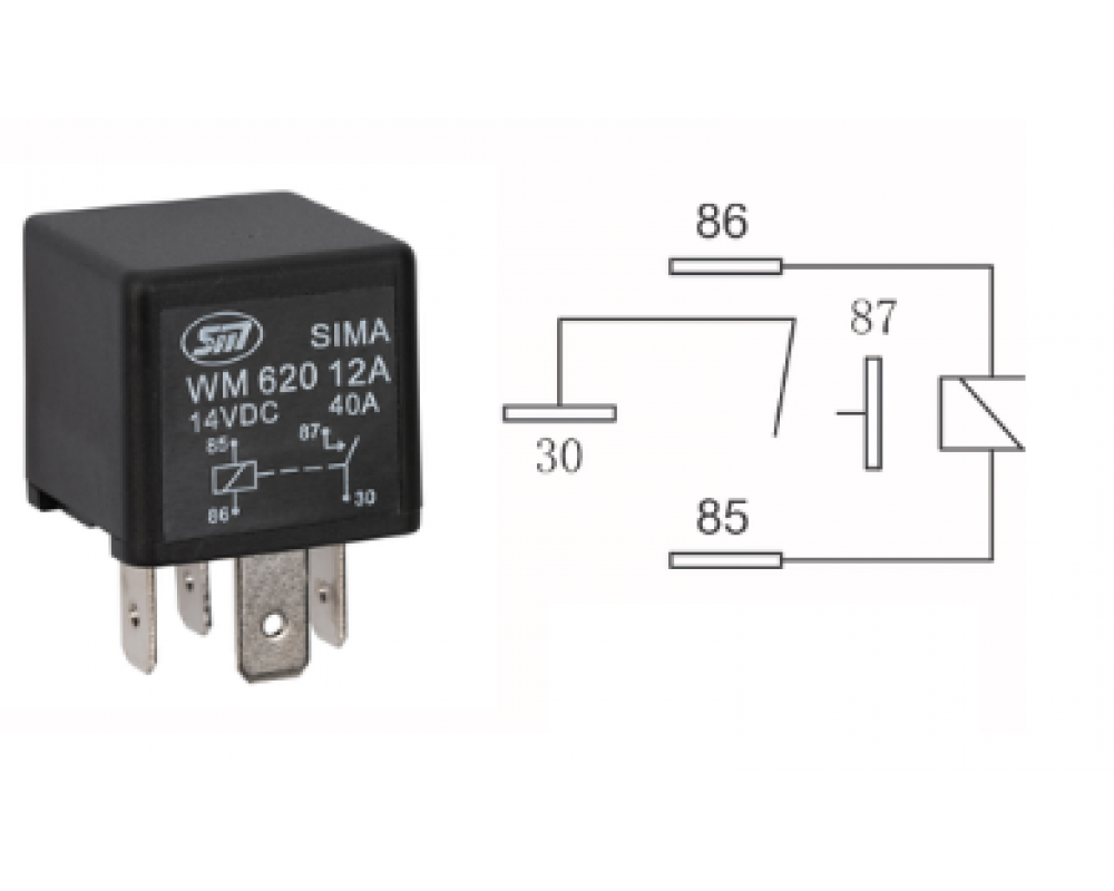 4 polig relais 1a bedrading standaard spoel 12v, 40a, 1,6w 26,5x26,5x24,5 in blister