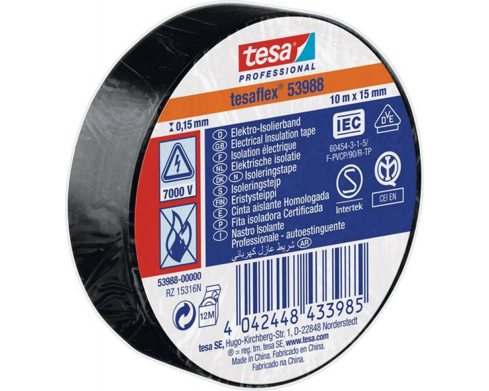 TESAFLEX 53988 L.10mtr x B.15mm Zwart (Per 10 Stuks) isolatie tape