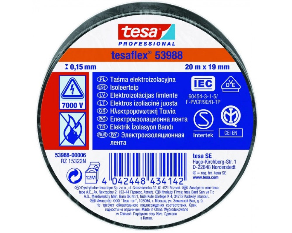 TESAFLEX 53988 L.20mtr x B.19mm Zwart (Per 10 Stuks) isolatietape