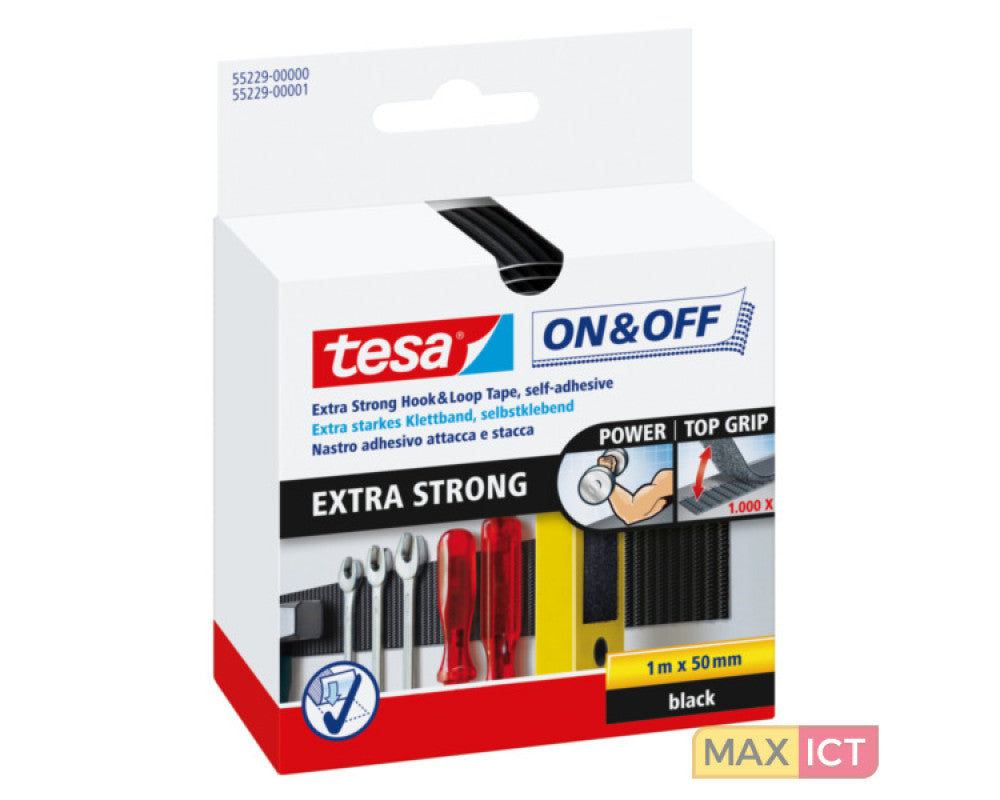 Tesa 55229 zwart on&off extra sterke klittenbandstrook 1 meter x 50 mm. (Per 6 Stuks)