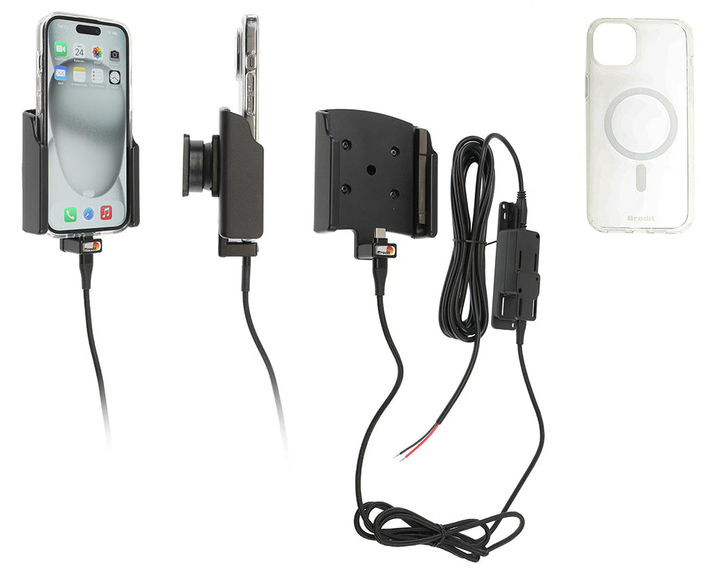 Brodit MagSafe Houder Inclusief Telefoonhoes en Vaste Lader Apple iPhone 15 (727393) - vaste inbouw autohouder