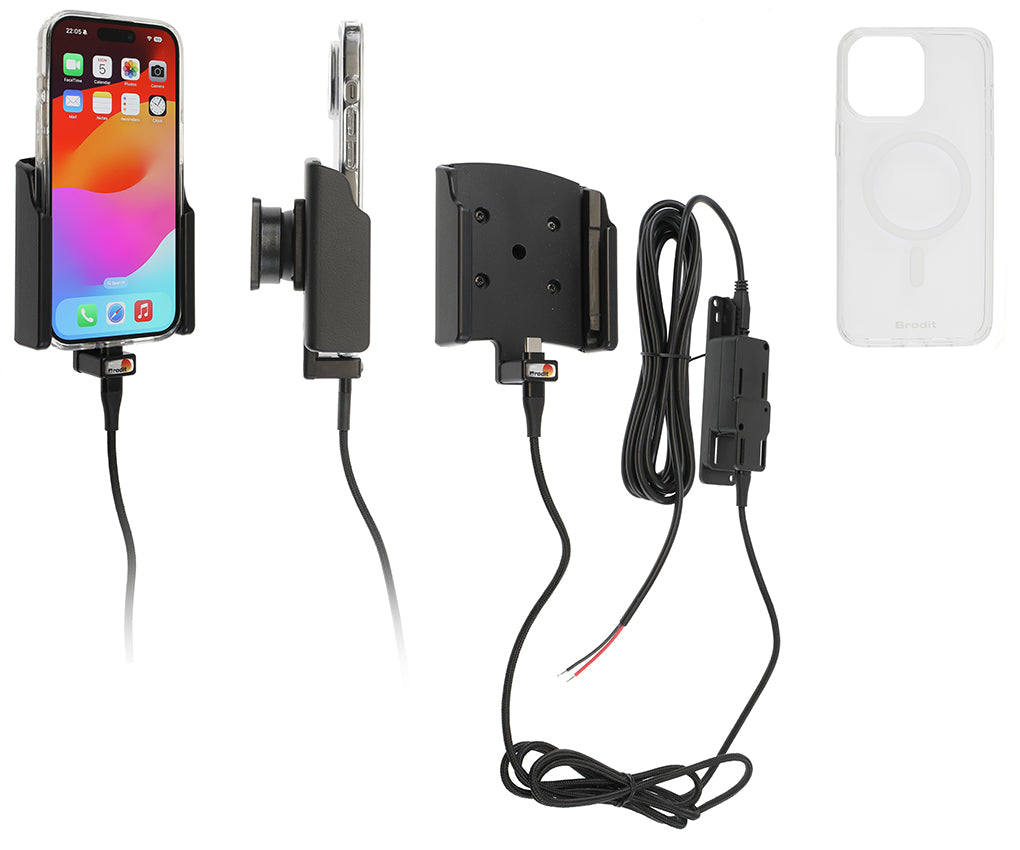 Brodit MagSafe Houder Inclusief Telefoonhoes en Vaste Lader Apple iPhone 15 Pro (727394) - vaste inbouw autohouder