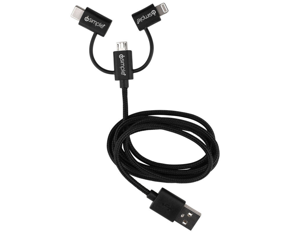 iSimple Datakabel USB naar Lightning / Micro USB / USB C 1m zwart
