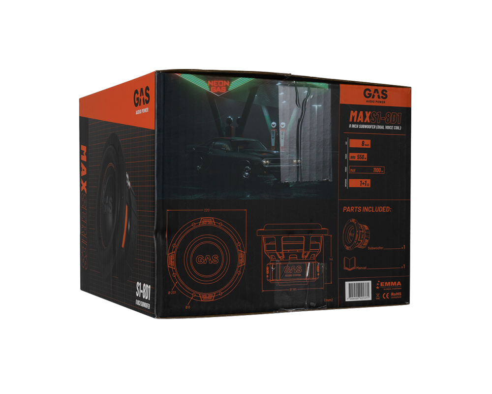 GAS MAX Level 1 Subwoofer 8" 2x1 Ohm afbeelding 4