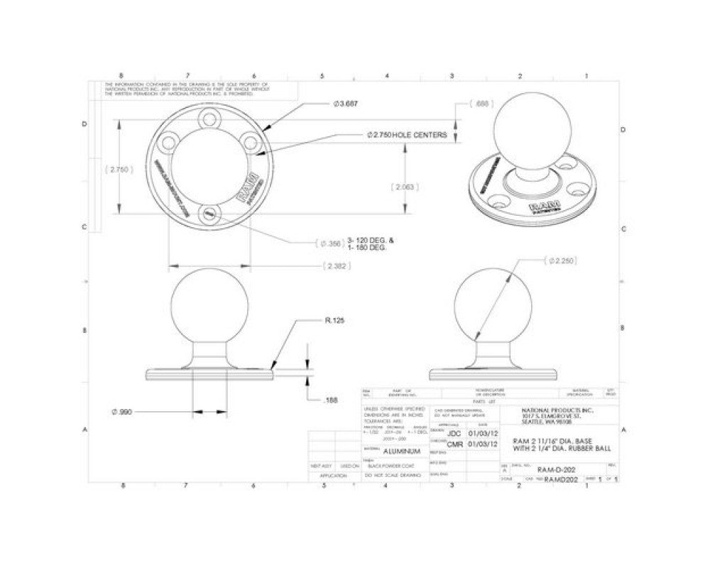 RAM 3.68 inch diameter ronde basis met 2.25 Inch bal