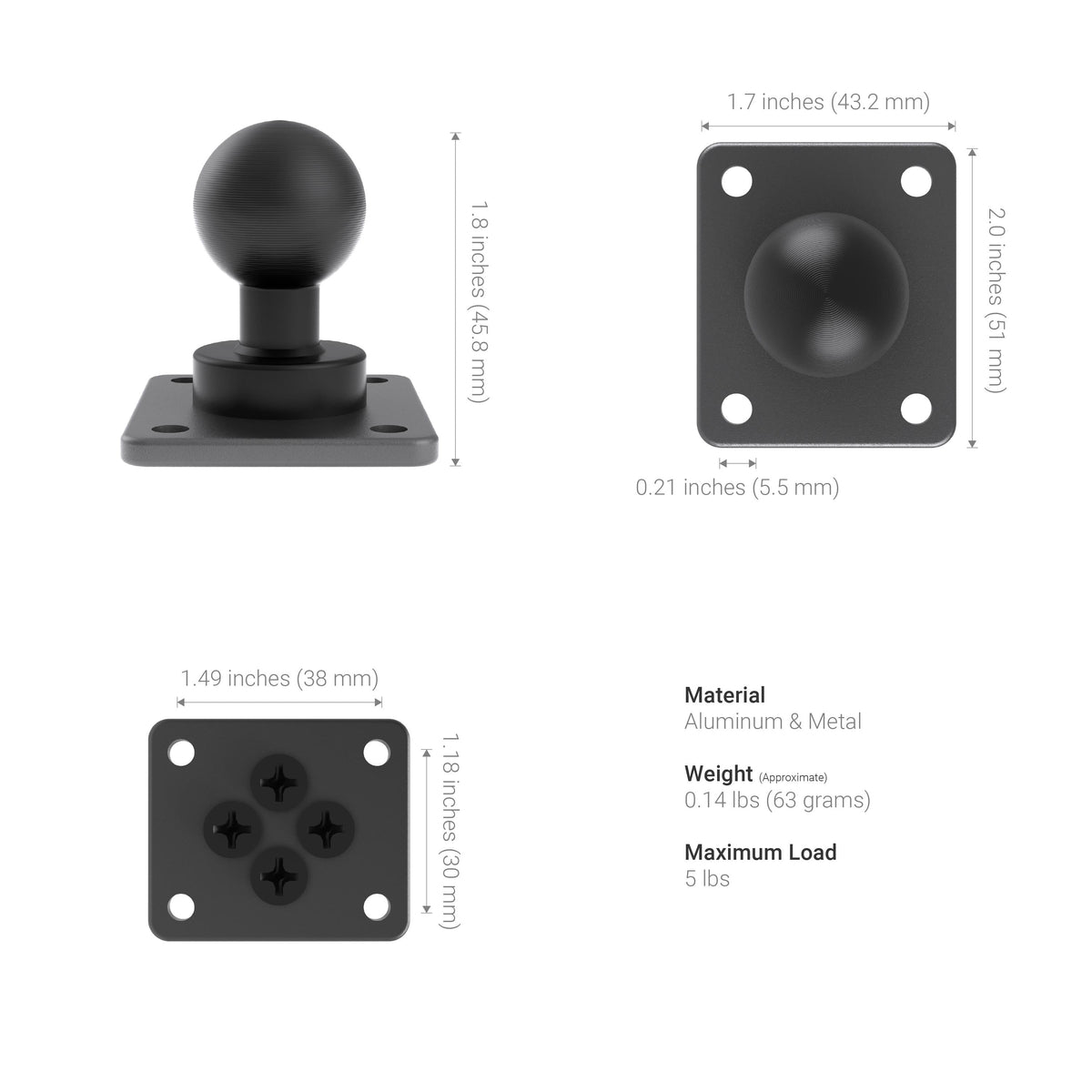 Arkon APMAMPS255MMAL maattekening van de aluminium 25 mm AMPS-adapter