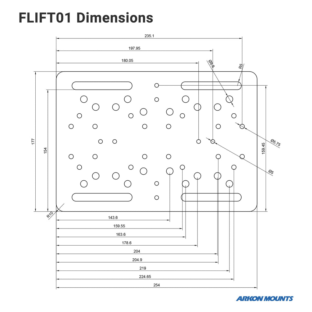 Arkon FLIFT57MM maattekening van de losse APFLIFT montageplaat
