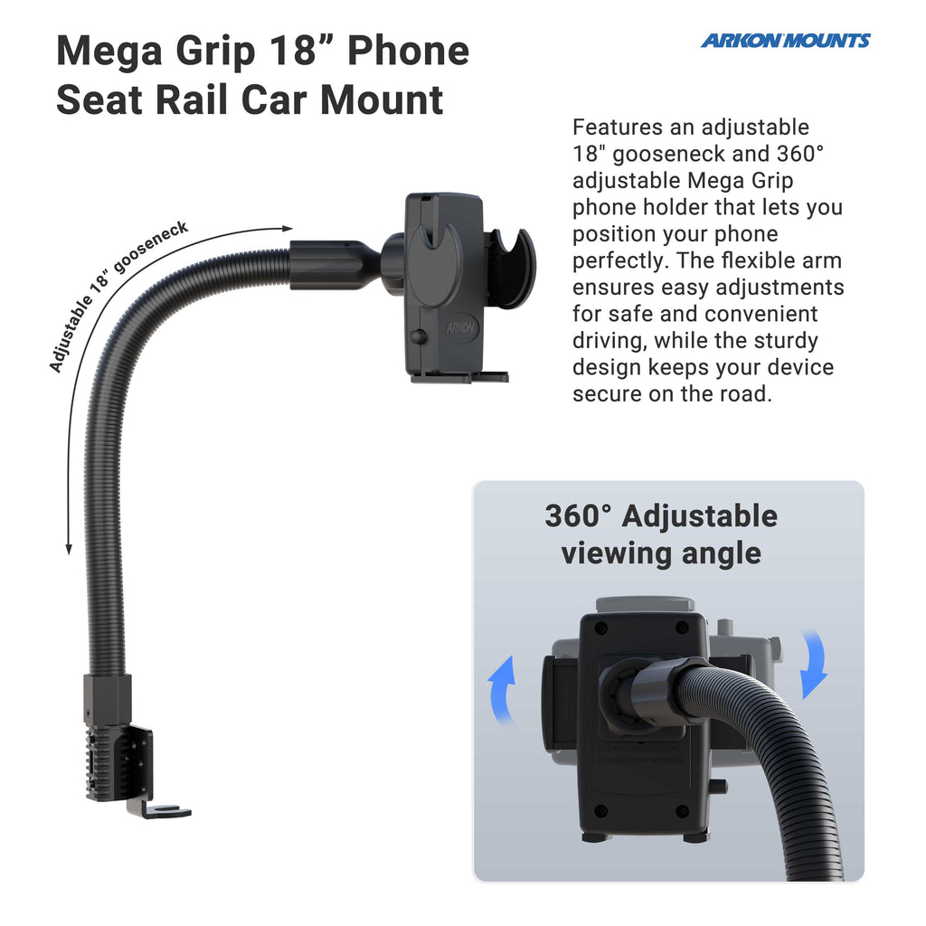Arkon Mega Grip stoelrailserie 18 inch arm en verstelbare houder; telefoon niet inbegrepen