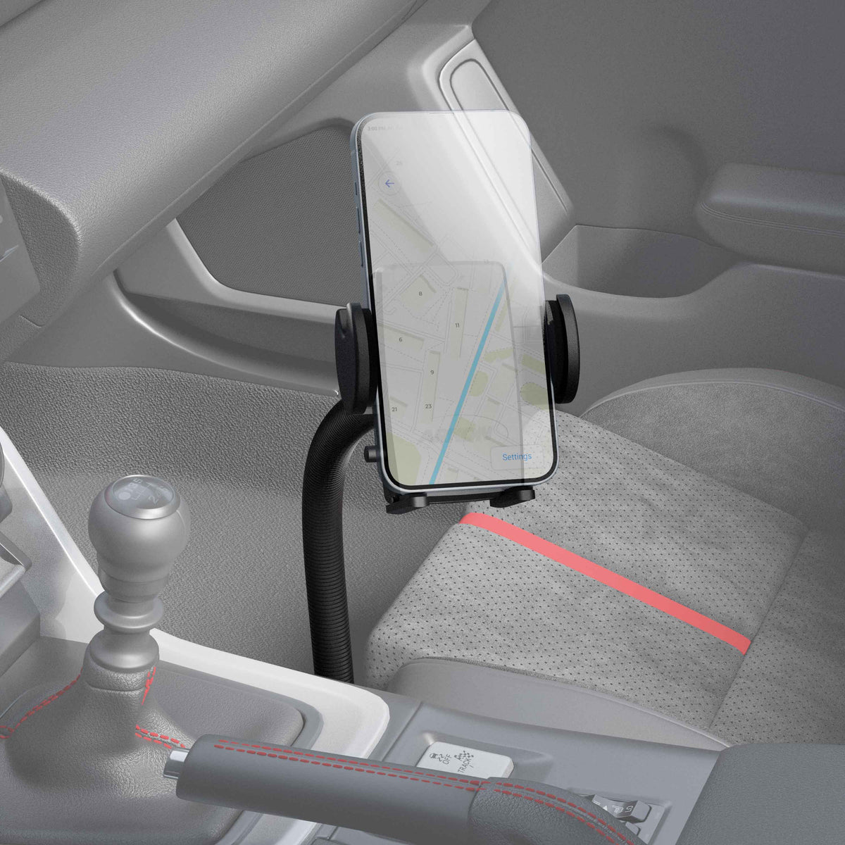 Arkon Mega Grip stoelrailserie montagevoorbeeld in voertuig; telefoon en voertuig niet inbegrepen