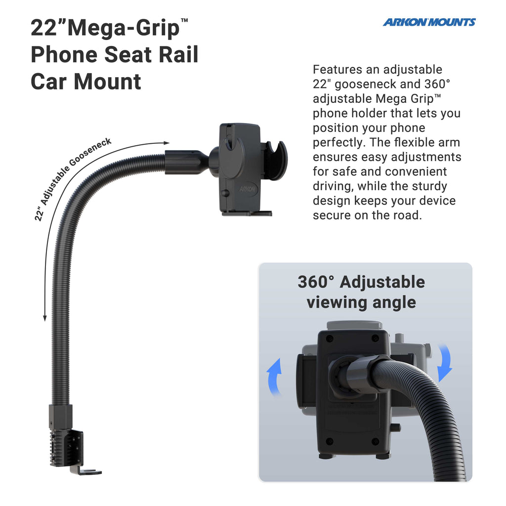 Arkon Mega Grip stoelrailserie 22 inch uitvoering en verstelbare houder; telefoon niet inbegrepen