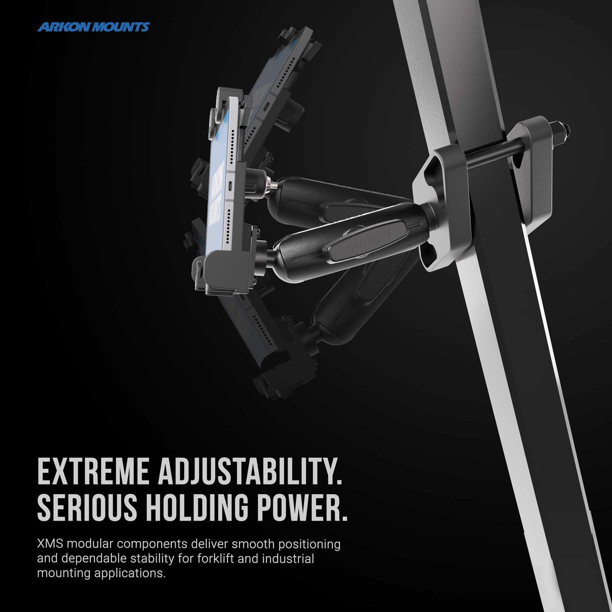 Arkon XMSFL38RM5TAB5 verstelvoorbeeld; toestel en reling niet inbegrepen