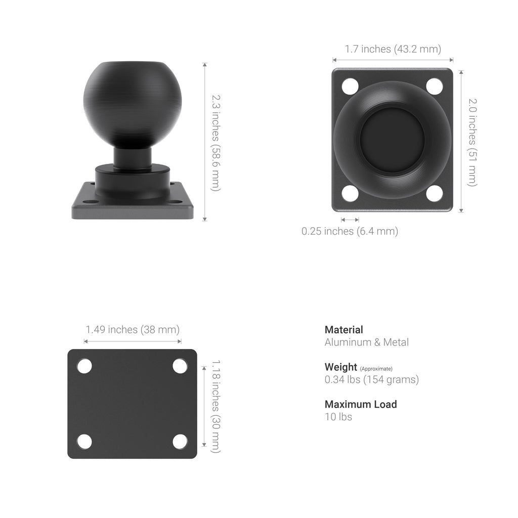Arkon XMSRM382XMAMPS maattekening van de 38 mm AMPS-kogeladapter