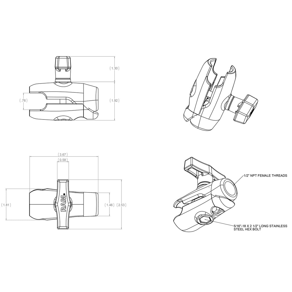 RAM Enkele Socketarm met 1/2" NPT Schroefdraadgat - RAM Mounts RAM-200-1U afbeelding 2