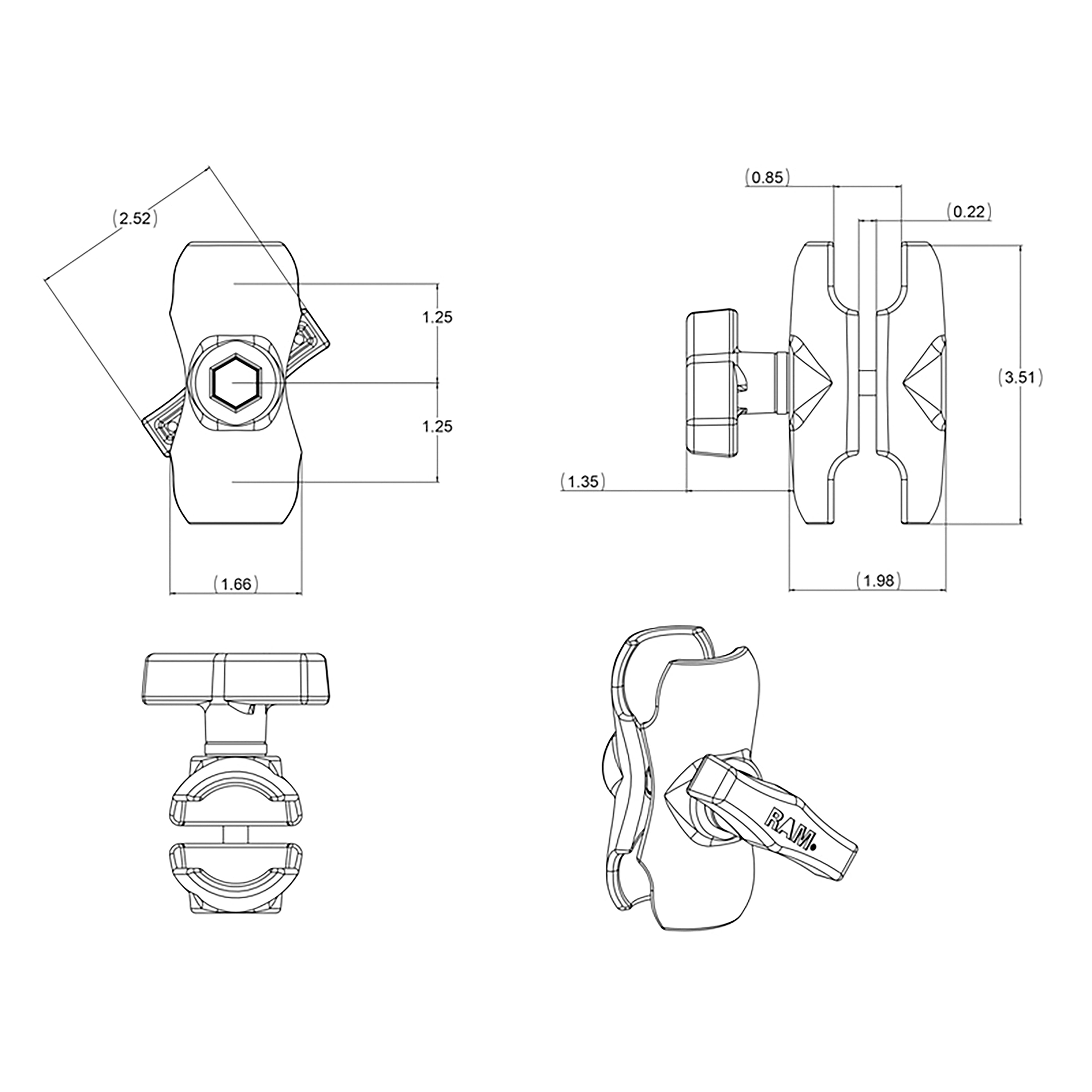RAM Dubbele Socket Arm - C Maat Kort - RAM Mounts RAM-201U-B afbeelding 7