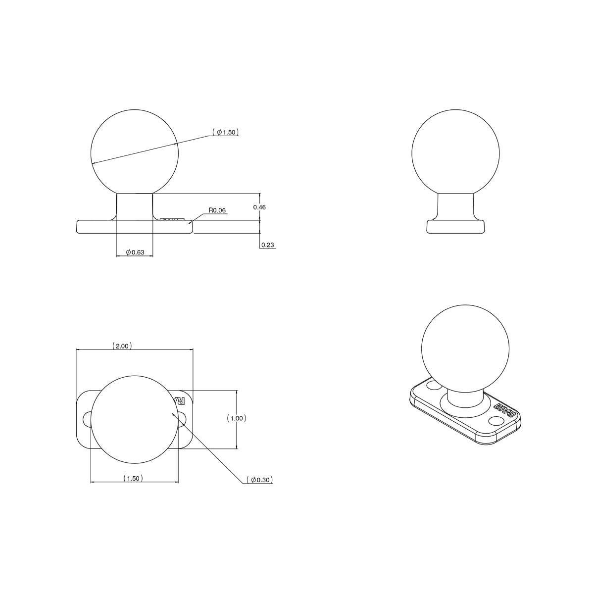 RAM Bal Basis met 1,5" 2-Gat Patroon - C Maat - RAM Mounts RAM-202U-12 afbeelding 2