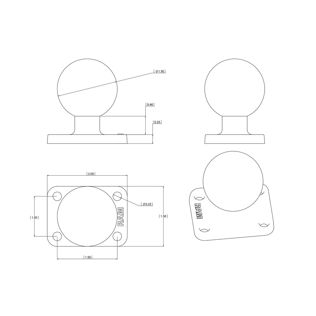 RAM Bal Basis met 1" x 1,5" 4-Gat Patroon - C Maat - RAM Mounts RAM-202U-152 afbeelding 2