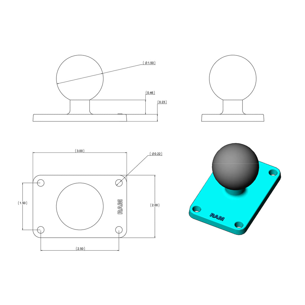 RAM Bal Basis met 1,5 "x 2,5" 4-Gat Patroon - C Maat - RAM Mounts RAM-202U-23 afbeelding 2