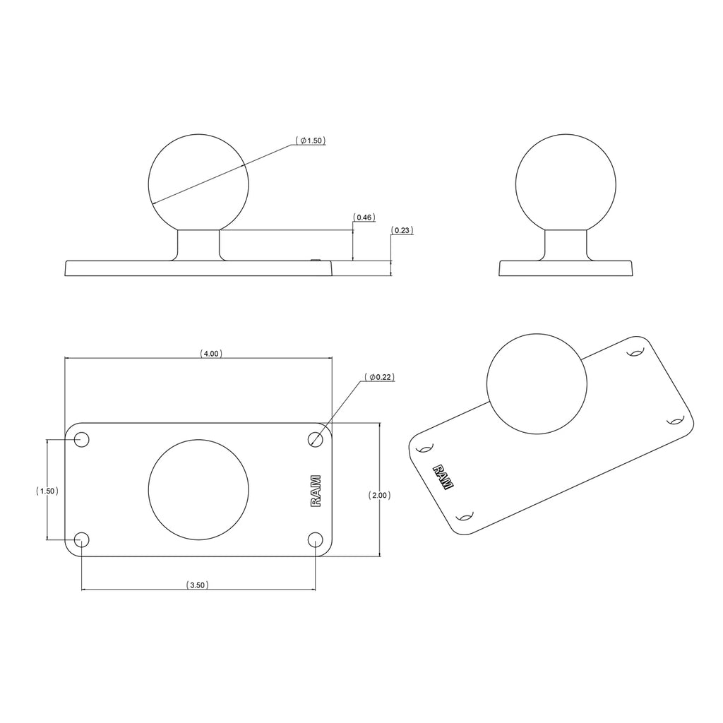 RAM Bal Basis met 1,5" x 3,5" 4-Gat Patroon - C Maat - RAM Mounts RAM-202U-24 afbeelding 2