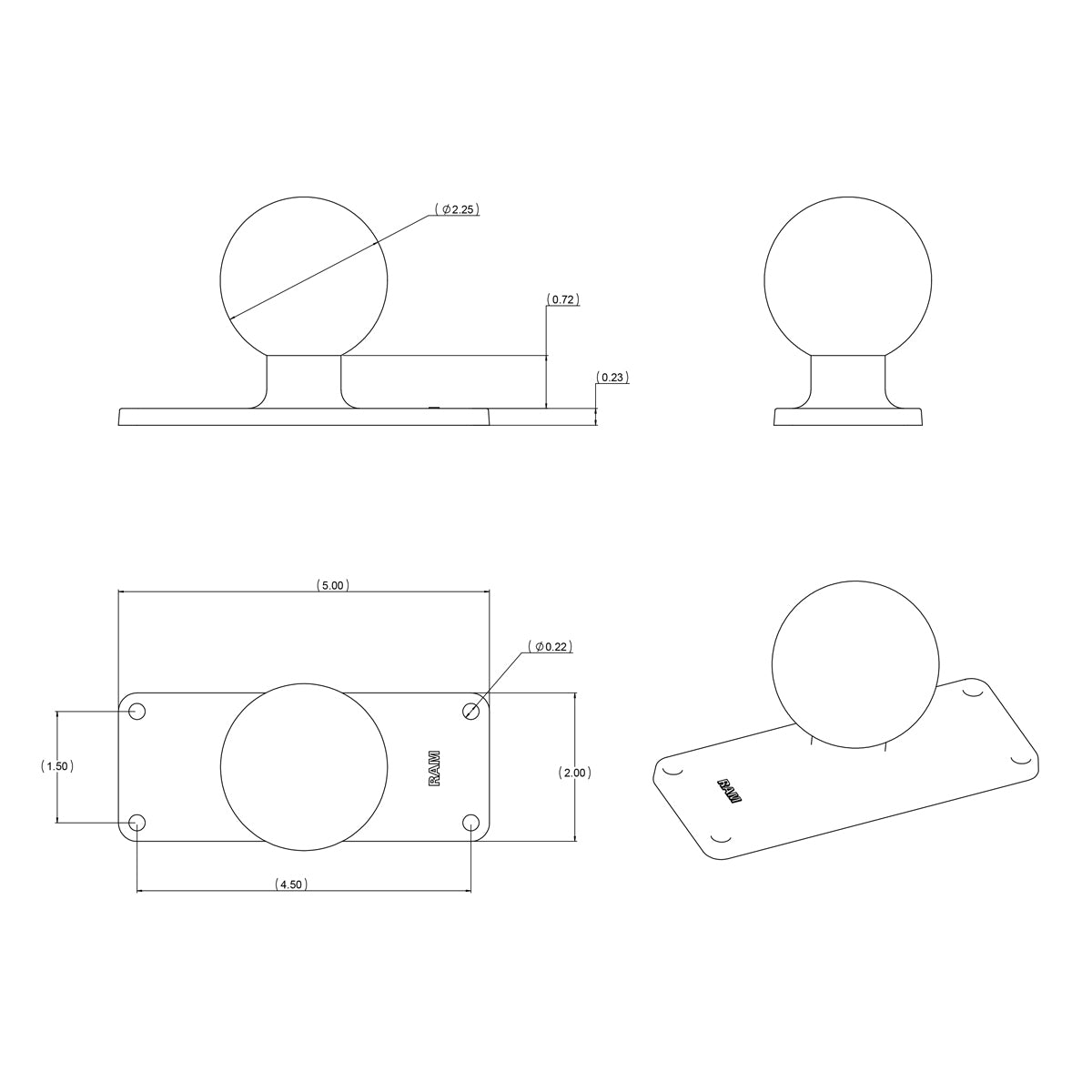RAM Bal Basis met 1,5 "x 4,5" 4-gatspatroon - C Maat - RAM Mounts RAM-202U-25 afbeelding 2