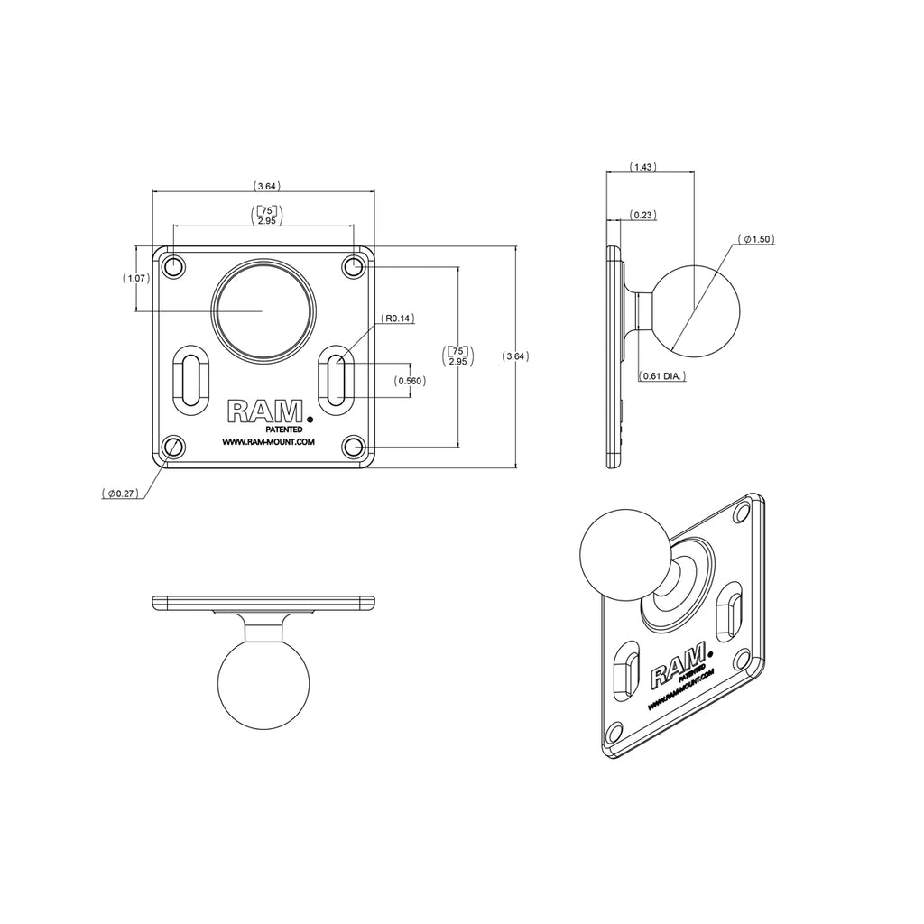 RAM 75x75mm VESA-plaat met Bal - C-maat - RAM Mounts RAM-2461U afbeelding 4