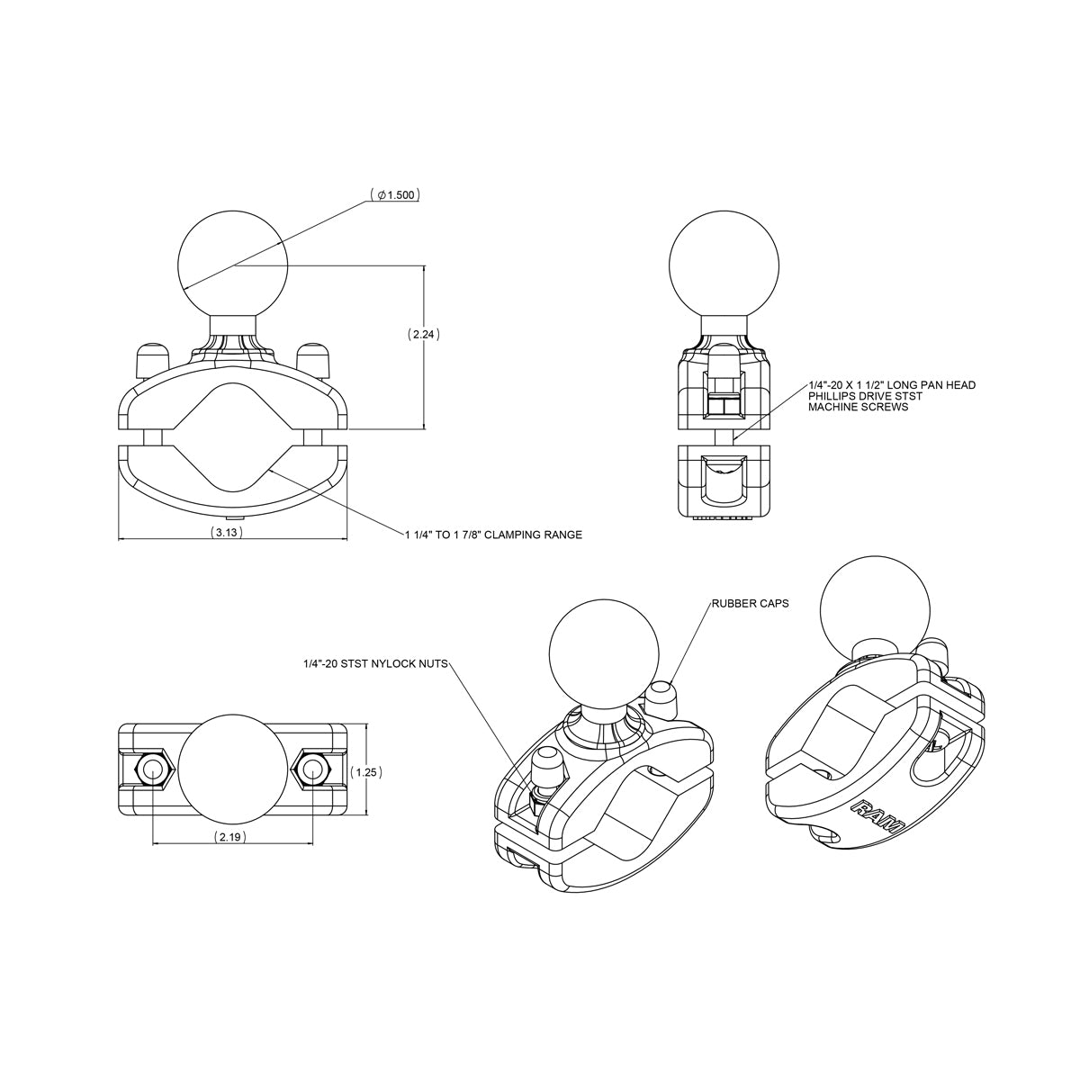 RAM Rail Klem Bal Basis voor 1.25" - 1.875" Rails - C Maat - RAM Mounts RAM-271U-12 afbeelding 2