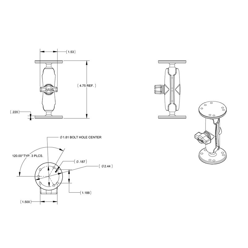 RAM Dubbele Bal Montage met Universele Hardware voor Garmin GPSMAP + Meer - RAM Mounts RAM-B-101-G1U afbeelding 3