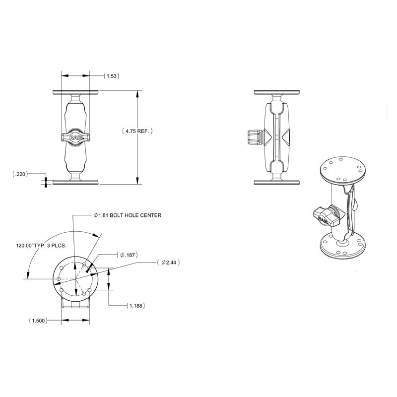 RAM DDubbele Bal Montage met Hardware voor Garmin StreetPilot - RAM Mounts RAM-B-101-G3U afbeelding 3