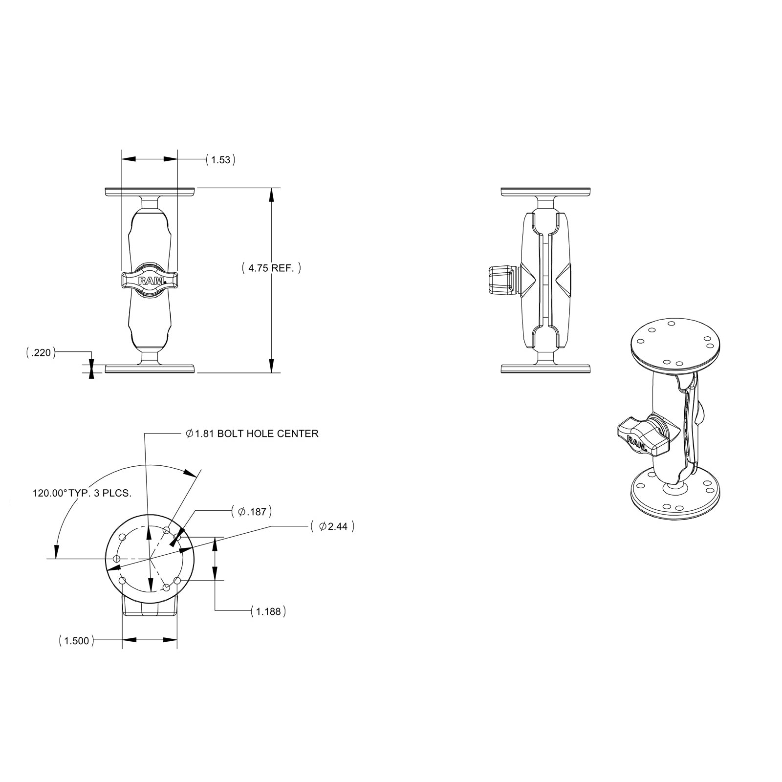 RAM Dubbele Bal Montage met Hardware voor Garmin Striker + Meer - RAM Mounts RAM-B-101-G4 afbeelding 3