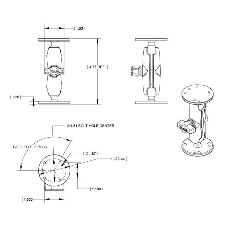 RAM Universele Dubbele Bal Montage met Twee Ronde Platen - B Maat Medium - RAM Mounts RAM-B-101U afbeelding 5