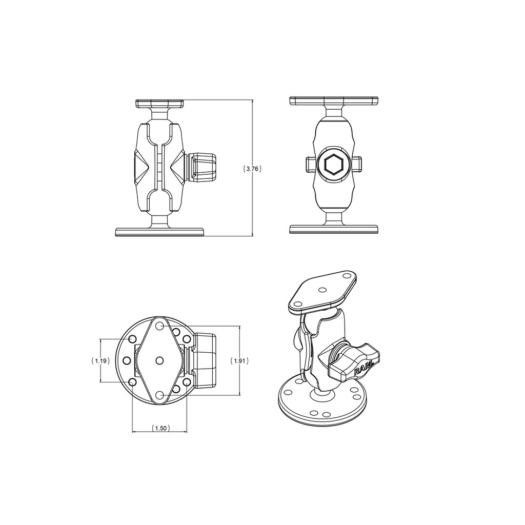 RAM Dubbele Bal Drill-Down Montage met Diamantplaat - Kort - RAM Mounts RAM-B-138U-A afbeelding 3