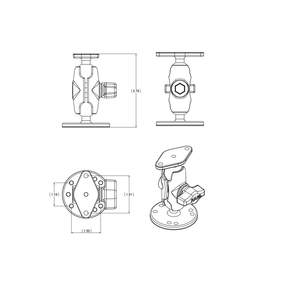 RAM Dubbele Bal Drill-Down Montage met Diamantplaat - Kort - RAM Mounts RAM-B-138U-A afbeelding 3