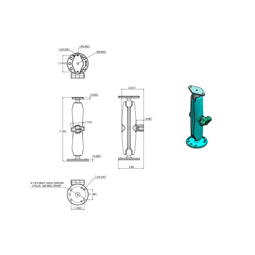 RAM Dubbele Bal Drill-Down Montage met Diamantplaat - Lang - RAM Mounts RAM-B-138U-C afbeelding 3