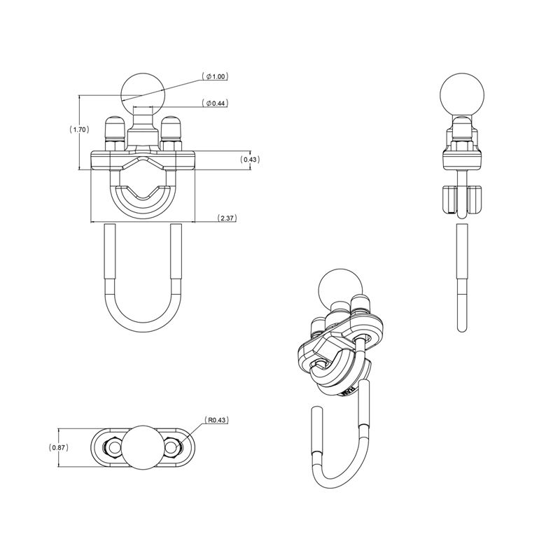 RAM Stuur U-Bout Basis voor Stangen 0,5" tot 1,25" in diameter - B Maat - RAM Mounts RAM-B-231ZU afbeelding 5