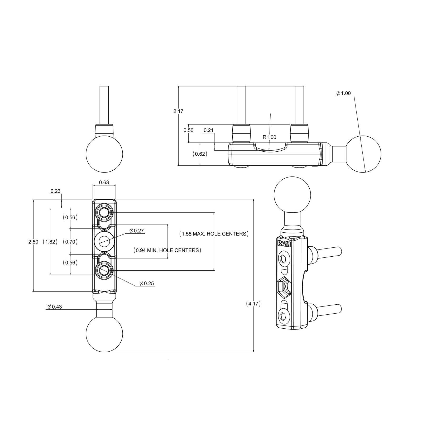 RAM Chrome Motorfiets Rem-/Koppeling Reservoir Bal Base - RAM Mounts RAM-B-309-1CHU afbeelding 2