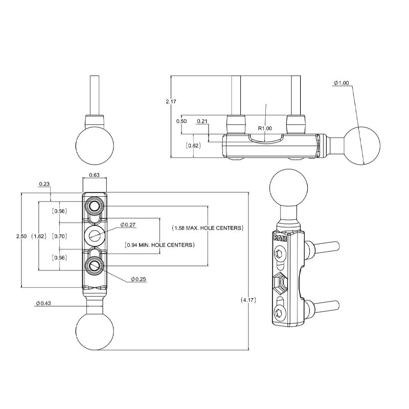 RAM Chrome Motorfiets Rem-/Koppeling Reservoir Bal Base - RAM Mounts RAM-B-309-1CHU afbeelding 5