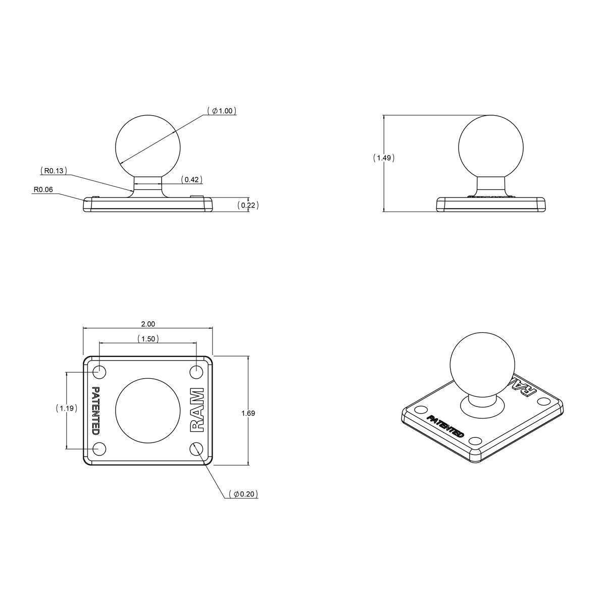 RAM Bal Adapter met AMPS Plaat - B Maat - RAM Mounts RAM-B-347U afbeelding 4
