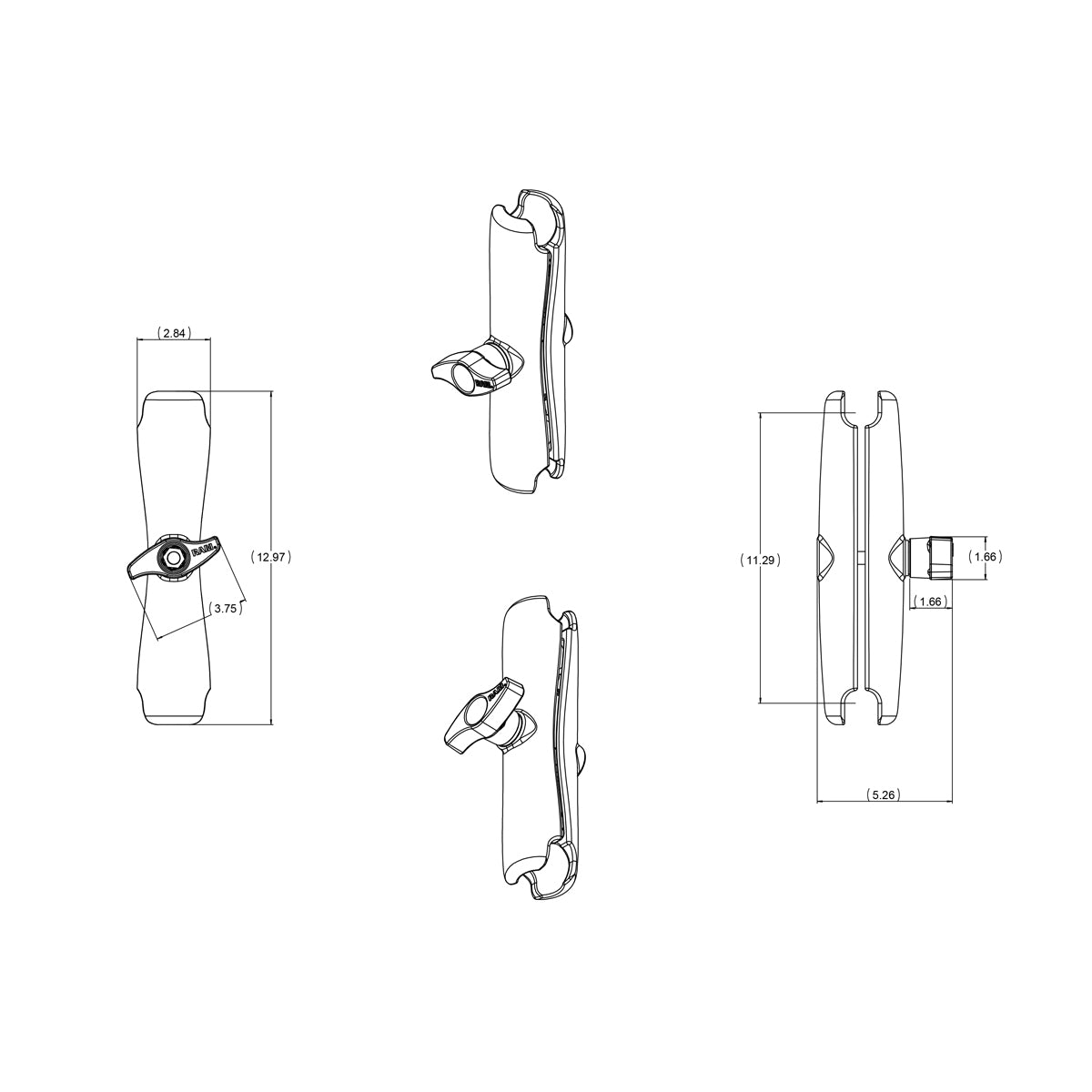 RAM Dubbele Socket Arm - D Maat Lang - RAM Mounts RAM-D-201U-E afbeelding 2