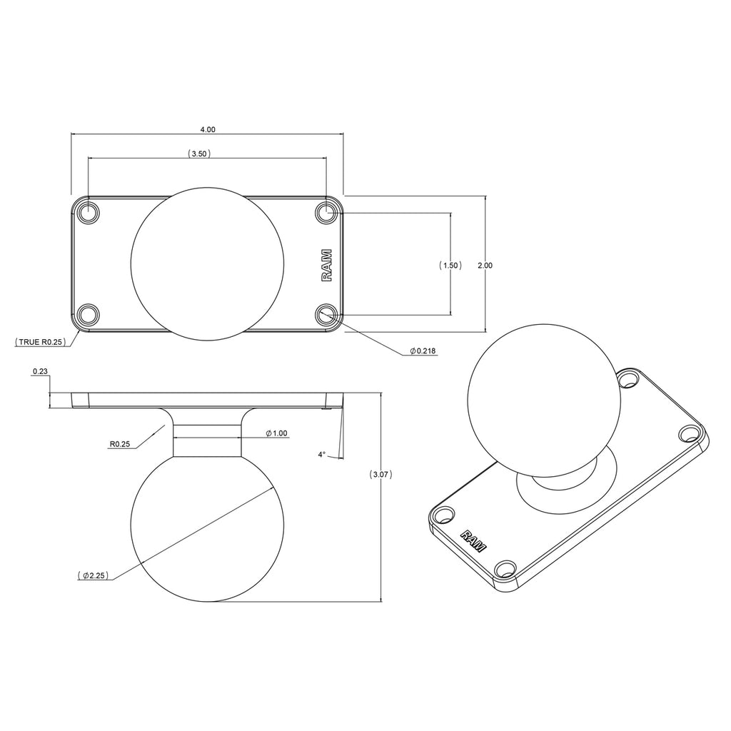 RAM Bal Basis met 1,5" x 3,5" 4-Gat Patroon - D Maat - RAM Mounts RAM-D-202U-24 afbeelding 2
