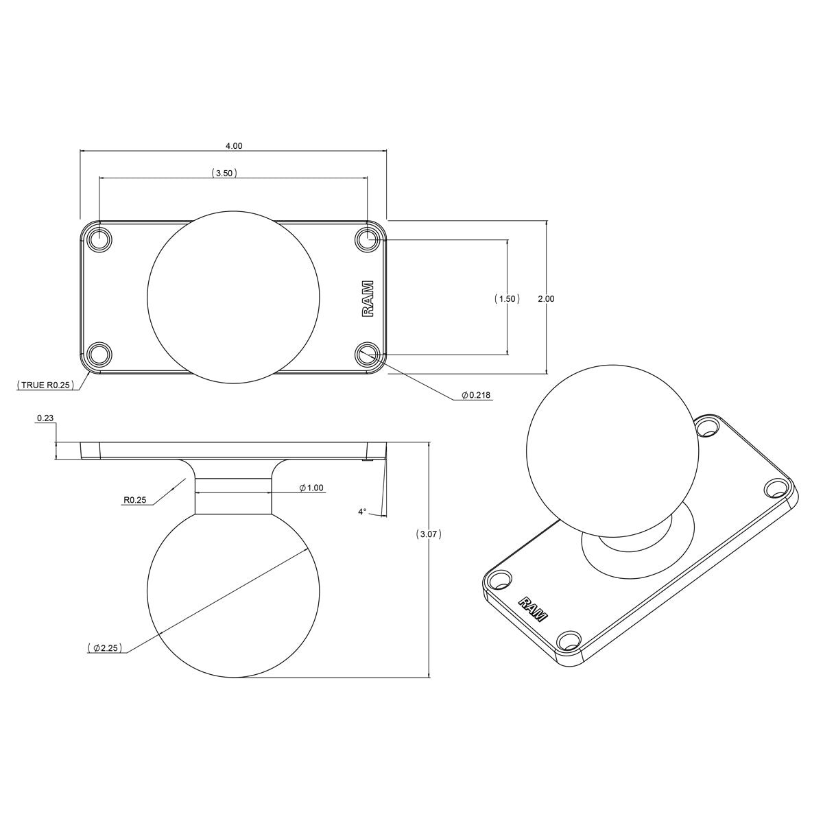 RAM Bal Basis met 1,5" x 3,5" 4-Gat Patroon - D Maat - RAM Mounts RAM-D-202U-24 afbeelding 2