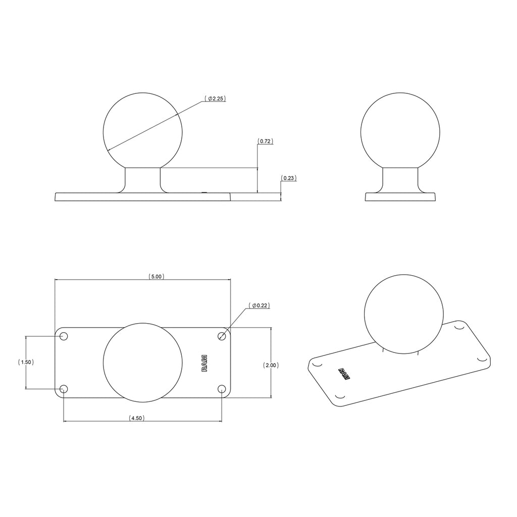 RAM Bal Basis met 1,5" x 4,5" 4-gat Patroon - D Maat - RAM Mounts RAM-D-202U-25 afbeelding 2
