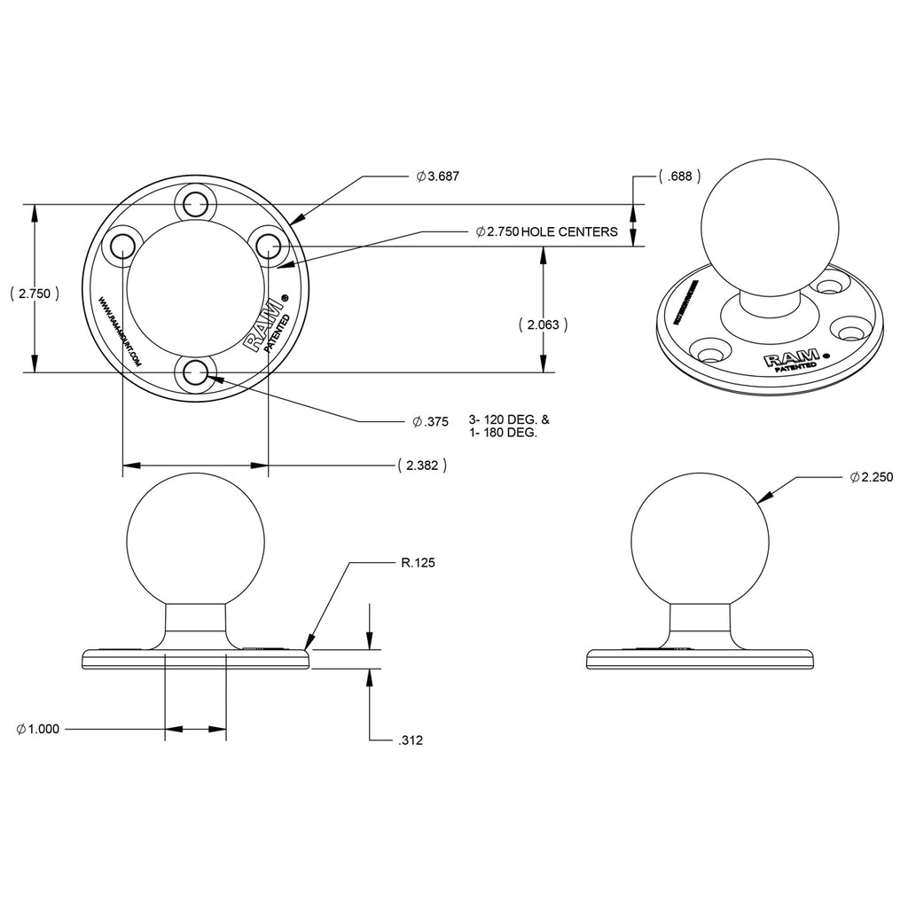 RAM Grote Ronde Plaat met Bal - D Maat - RAM Mounts RAM-D-202U afbeelding 2