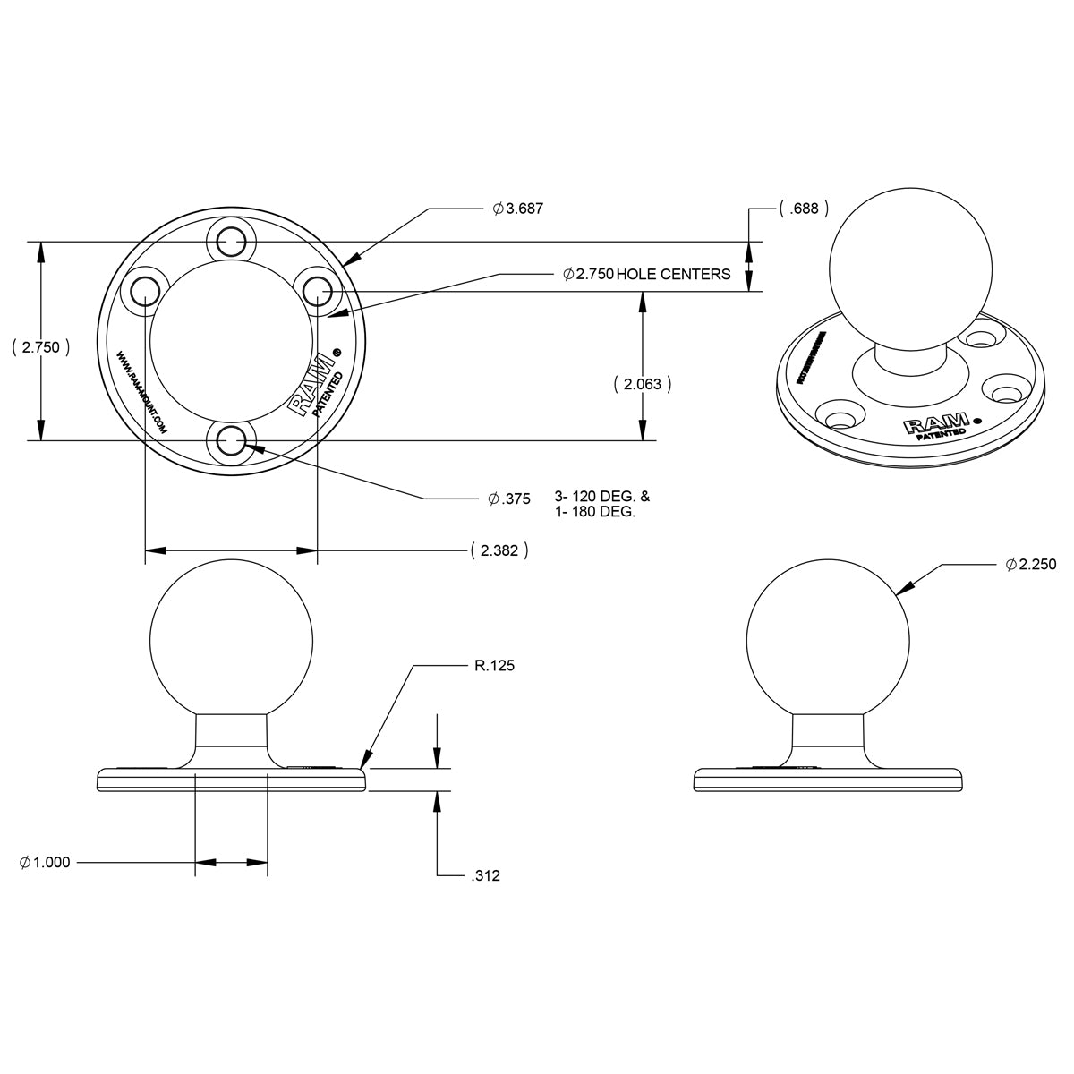RAM Grote Ronde Plaat met Bal - D Maat - RAM Mounts RAM-D-202U afbeelding 2