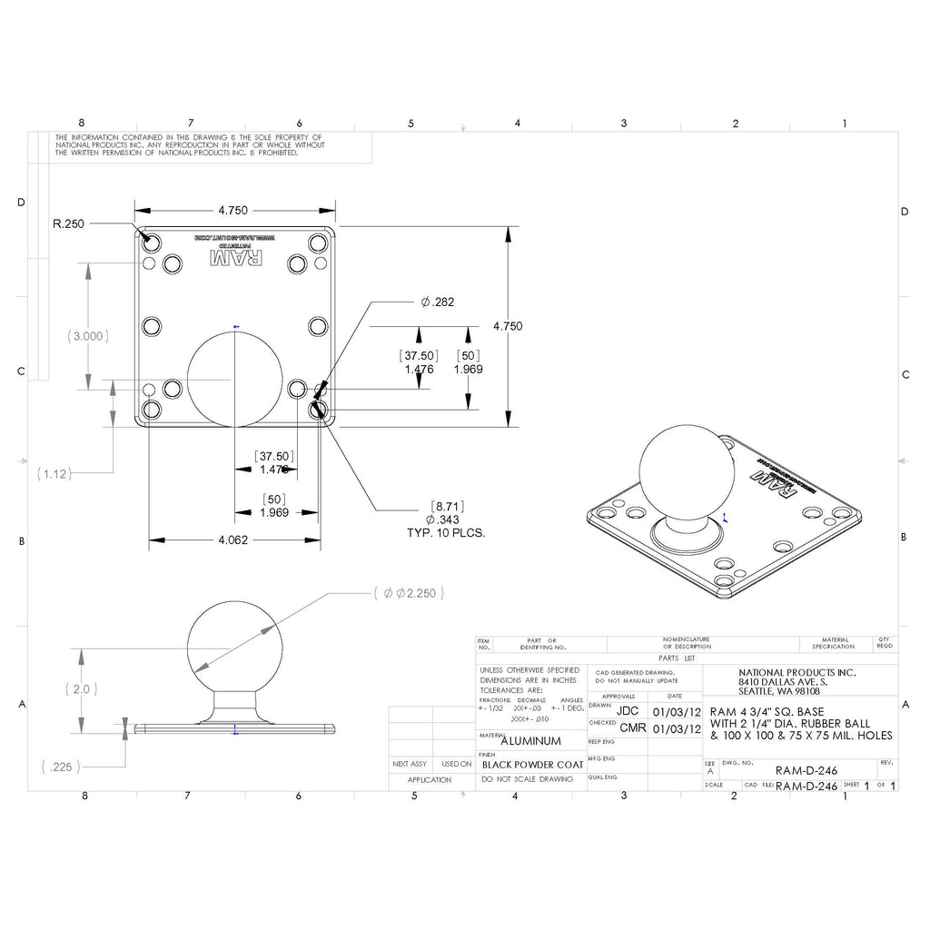 RAM 100x100mm VESA-plaat met bal - D-maat Zonder Afstandhouders - RAM Mounts RAM-D-246-AD1U afbeelding 3