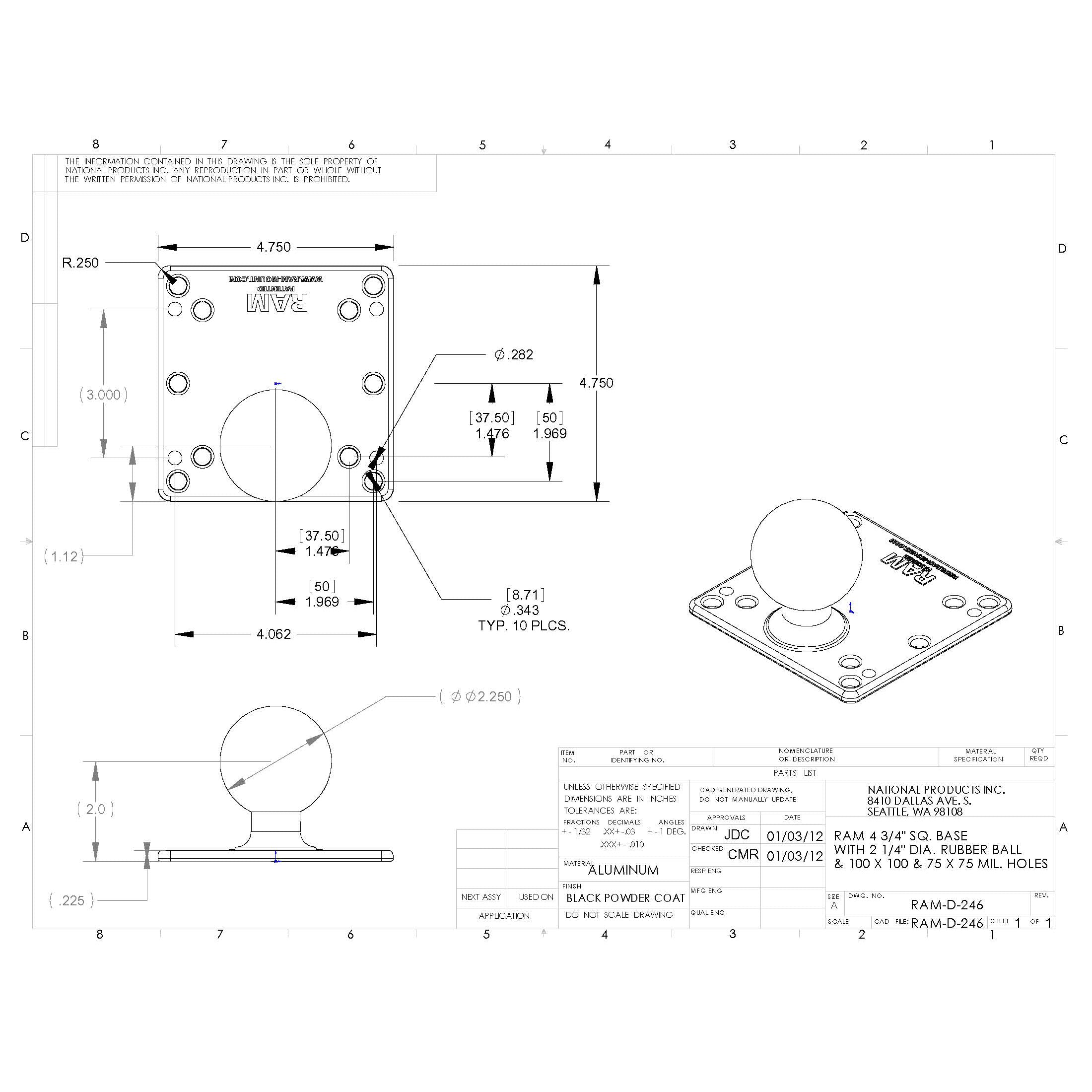 RAM 100x100mm VESA-plaat met bal - D-maat Zonder Afstandhouders - RAM Mounts RAM-D-246-AD1U afbeelding 3