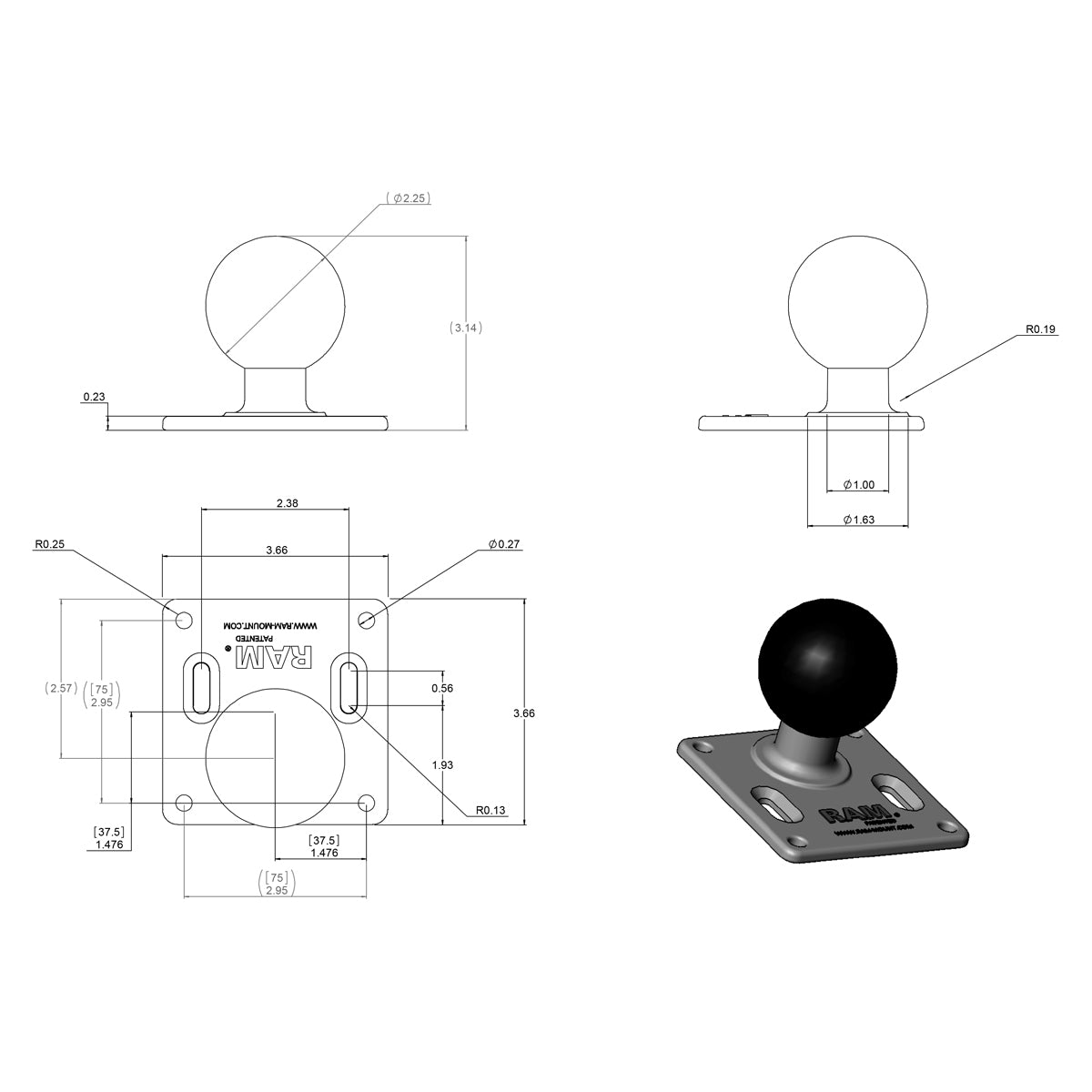 RAM 75x75mm VESA-plaat met Bal - RAM Mounts RAM-D-2461U afbeelding 2
